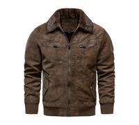 HOOD CREW Men’s Faux Fur Flight Bomber Jacket Vintage Winter Coats Fleece Lined Leather Jackets, Brown, X-Large