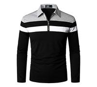 HOOD CREW Mens Casual Long Sleeve Polo Shirts Contrast Color Patchwork Cotton Tee Tops Black