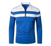 HOOD CREW Mens Casual Long Sleeve Polo Shirts Contrast Color Patchwork Cotton Tee Tops Blue
