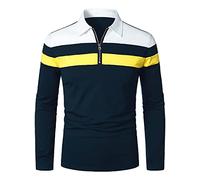 HOOD CREW Mens Casual Long Sleeve Polo Shirts Contrast Color Patchwork Cotton Tee Tops Navy