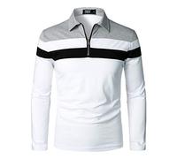 HOOD CREW Mens Casual Long Sleeve Polo Shirts Contrast Color Patchwork Cotton Tee Tops White