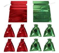HOODANCOS 12Pcs Christmas Drawstring Bags Set - Holographic Foil Candy and Present Bags 24X32Cm, Red Green Party Wrapping Sacks for Holiday, Birthday, Festival Treats and Packaging