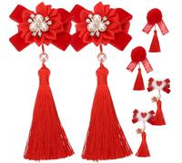 HOODANCOS 3 Pairs Red Plush Ball Hair Barrettes with Dangle Tassels and Fabric Flowers Chinese Traditional Hair Clips and Compliments Outfit at New Year Parties