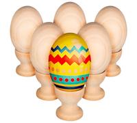 HOODANCOS 6 Pcs Unfinished Wooden Eggs for Painting with 6 Wood Egg Holders 6x4cm for Easter Decorations and DIY Art Projects