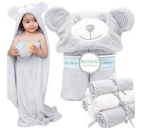 Hooded Baby Towel and Washcloths 6 Pack - Organic Bamboo Baby Bath Towel for Boy or Girl - Cute Ears Hood - Large Size for Kids - Newborn Infant Toddler - Best Shower Gift - Grey Bear Bundle