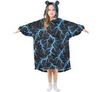 Hooded Blanket for Kids Light Blue Glowing Lightning Oversized Blanket Hoodie Warm Plush Wearable Fleece Sweatshirt for Girls Boys with Pocket Cute Ear Cap
