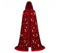 Hooded Cape Soft Velvet Wizard Costume Cloak with Star & Moon Patterns for Halloween Cosplay, Wizard Cape，Claret