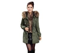 Hooded Coat Women Fashion Vintage Solid Color Parker Autumn Winter Thick Retro Velvet Hooded Jacket Elegant Long Sleeve with Drawstring Zipper Slim Fit Coat Jacket (Color : Armee Grün, Size : L)