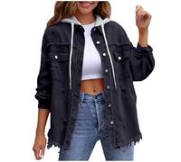 Hooded Denim Jackets Women Long Sleeve Button Down Jean Jackets Casual Loose Shirts Ripped Distressed Western Boyfriend Coats Oversized Frayed Hem Fall Jacket Vintage for All Season Black