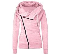 Hooded Fleece Jacket Women Diagonal Zipper Long Sleeved Coat Solid Color Slim Fit Drawstring Hoodies Sweatshirt Jumper Autumn Winter Warm Outwear Pullover Hoody UK Size 8-16 Pink
