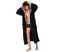 Hooded Herringbone Men's Black Soft Spa Bathrobe with Grey Kimono Shawl Collar - Black -