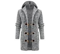 Hooded Jacket Mens Coat Hooded Oversized Warm Horn Buckle Striped Retro Knit Thick Cotton Winter Long Sweater Coat with Pocket Black Hoodie, gray, XXL