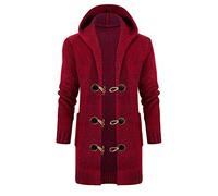 Hooded Jacket Mens Coat Hooded Oversized Warm Horn Buckle Striped Retro Knit Thick Cotton Winter Long Sweater Coat with Pocket Black Hoodie, red, XXL