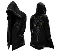 Hooded Jacket Men's Nordic Myth 3D Medium Length Cardigan with Hood Viking Runes Retro Fashion Personality Biker Trend Cardigan Hipster Style Long Coat, Black01, S