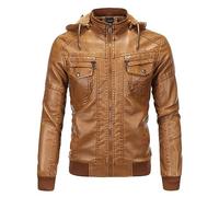 Hooded Jackets Men Waterproof Classic Biker Faux Leather Jackets Casual Soft Warm Windproof Zip Comfortable Classic Motorcycle Style Faux Leather Coat