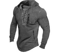 Hooded Jumper Mens Vintage Hoodie Mens Slim Fit Lace Up Hooded Long Sleeve Shirt Tactical Pullover Shirt with Hood Retro Henley Sweatshirt Viking Clothing Training Tops Men Stretch Hoody Grey