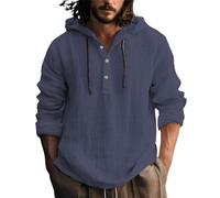 Hooded Linen Shirt Men,Lightweight Hoodie Long Sleeve T Shirt Buttons Placket Casual Beach Shirts Tops Loose Fit Plain Breathable Drawstring Pullover Hoodies for Walking Hiking Outdoors Navy