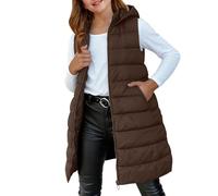 Hooded Long Puffer Vest for Girls Solid Quilted Padded Warm Sleeveless Down Coat with Pockets Teen Winter Jacket (Brown, 10-12 Years)