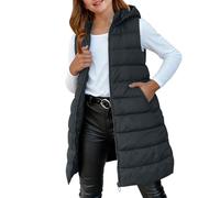 Hooded Long Puffer Vest for Girls Solid Quilted Padded Warm Sleeveless Down Coat with Pockets Teen Winter Jacket (Black, 10-12 Years)