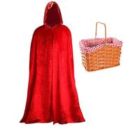 Hooded Red Velour Cape and Plastic Picnic Basket With Attached Red Gingham Cloth - Ideal for Book W ancy Dress Costume Accessory World Book Day Red Riding Hood Outfit for Kids