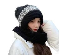 Hooded Scarf for Women Integrated Ear Protection Windproof Hat Scarf Set, for Winter Wear Knitted (Black) Soft Warm