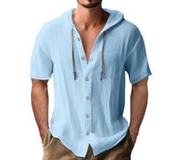 Hooded Shirt Men: Linen Shirts Long Sleeve Button Down Beach Shirts with Chest Pocket Lightweight Hoodie Drawstring Pullover Hoodies Loose Fit Casual Shirt Plain Breathable Hoodies Sky Blue