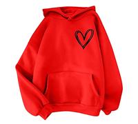 Hooded Sweatshirt Women's Long: Pullover Women's Oversize Cotton Love Motif Hoodie Classic Outdoor Shirt Jumper with Kangaroo Pocket Sports Shirt Y2K Streetwear Long Jumper Long Sleeve Shirt, red, XL