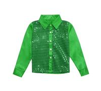 Hoodie Baby 86 Glitter Sequin Dance Top Boys Long Sleeve Shirt with Button Placket for Jazz Dance Performance Costume Short Sleeve Shirts Boys with Tie, Green, 11-12 Years