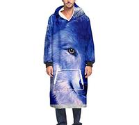 Hoodie Blanket Oversized Sweatshirt, Morbuy Soft Warm 3D Fashion Wolf Printed Plush Blanket Hooded Robe Pullover with Giant Pocket for Men Women Adults Teens (One Size,Blue Wolf)