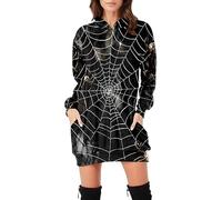 Hoodie Dress for Women Halloween Pumpkin Long Sleeve Hoodies Black Cat Bloodstained Fall Warm Ghost Horror Oversized Sweatshirts Skeleton Party Winter Dresses Spider Web Mini, Black, L