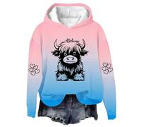 Hoodie Highland Cow Heart Print Womens Blouse Casual Tunic Basic Ladies Sweatshirts Long Sleeve Women Jumper Hooded Pullover Gradient Womans Tops Winter Evening Tops
