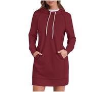 Hoodie Ladies Dresses with Pockets Long Sleeve Plain Pullover Jumper Tops Drawstring Hooded Sweatshirt Dress with Pockets Fall Winter Hoodies Blouse Outdoor Office Vacation Loungewear Red