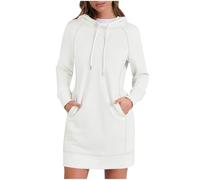Hoodie Ladies Dresses with Pockets Long Sleeve Plain Pullover Jumper Tops Drawstring Hooded Sweatshirt Dress with Pockets Fall Winter Hoodies Blouse Outdoor Office Vacation Loungewear White