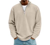 Hoodie Men Mens Corduroy Jumpers Mock Neck Quarter Button Jumper Ribbed Regular Fit Sweatshirts Pullover Tops Long Sleeve Winter Sweaters with Pocket UK Khaki M