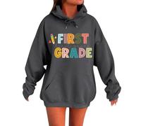 Hoodie Pullover Sweatshirts For Women Teacher Hoodies Sweatshirt First Day Of School Teacher's Outfit Graphic Sweatshirts Oversized Fall Fashion Stylish Long Sleeve Casual Styles Trendy (Grey, XXXXL)