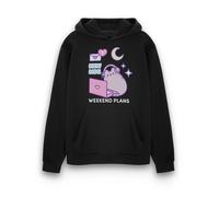 Pusheen Womens Hoodie | Ladies Weekend Plans Graphic Hooded Sweatshirt in Black | Cat Kitten Laptop New Msg Love Hearts Apparel Sweater | Internet Cartoon Merchandise Gift