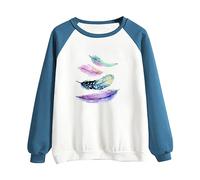 Hoodie Women Casual Shirt Personalised Teacher Gifts Holiday Essentials for Women Women's Feather Print Colorblock Casual Fashion Sweatshirt Top (Blue-D, XXXL) Outlet Clearance Uk