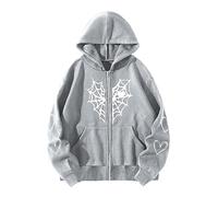 Hoodie Women's Men's Gothic Spider Web Heart-Shaped Print Hooded Jacket Oversized Stretch Hoodie with Zip Unisex Model Steampunk Y2K Hip Hop Streetwear, gray, M