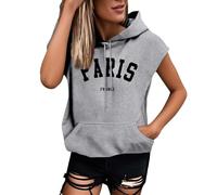 Hoodie Women's Sleeveless Tank Top T Shirt Oversize Sweatshirt with Hood Vest Summer Tops with Letters Print Hoodie Streetwear Pullover with Pockets T-Shirts Hooded Shirt, Grey (grey-2), L