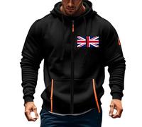 Hoodies for Men UK British Youth Patriotism Flag Printed Hooded Sweatshirts Lightweight Baggy Full Zip Long Sleeve Jackets for Men Casual Multiple Pockets Men's Coats Black
