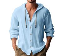 Hoodies for Men UK: Cotton Linen Shirt with Hood Plain Hooded Pullover Tops Casual Drawstring Solid Color Hoody T-Shirts Men Summer Long-Sleeve Button Up Sweatshirts Work Shirts with Hood Blue