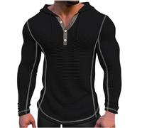 Hoodies for Men UK Sale Clearance Plain Muscle Fit Waffle Pullover Casual Drawstring Hoody Solid Color Button Hooded Sweatshirts Long Sleeves Comfy Sweatshirt Tops Black