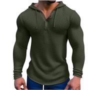 Hoodies for Men UK Sale Clearance Waffle Solid Color Hooded Tops Long Sleeve Button Hoody with Drawstring Casual Plain Sweatshirt Tops Lightweight Slim-Fit Pullover Army Green