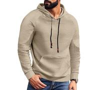 Hoodies for Men Waffle Knit Plain Hooded with Pocket Sweatshirt Sweater Long Sleeve Pullover Top Solid Color Clothing suéteres para el frío de Hombre(Khaki, XL)