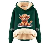 Hoodies For Women Highland Cattle Winter Fleece Thickened Warm Solid Colour Sherpa Hooded Sweatshirt Coat For Outdoor Dark Green