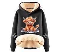 Hoodies For Women Highland Cattle Winter Fleece Thickened Warm Solid Colour Sherpa Hooded Sweatshirt Coat For Outdoor Black