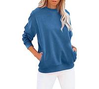 Hoodies for Women Ladies Sweaters Birthday Gifts for Women Cocktail Women's Crew Neck Solid Color Sweatshirt Long Sleeves Casual Pullover Cute Lightweight Loose Tops (Blue-3, XL) Warehouse Clearance