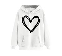 Hoodies for Women UK Casual Loose Long Sleeve with Pockets Blouse Heart Pattern Print Drawstring Tops Ladies Jumper Fall Winter Warm Drop Shoulder Pullover Easy Tops for Going Out & Travelling White