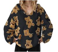 Hoodies for Women UK Cute Bear Print Teddy Fleece Top Outwear Plush Pullover Jumpers Long Sleeve Swetshirt Sweater Essentials Hoodie Soft Fleece Hoodie Fuzzy Top Teen Girl Clothes Sport Activewear