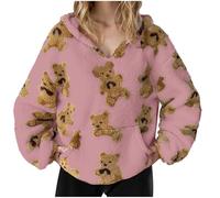 Hoodies for Women UK Cute Bear Print Teddy Fleece Top Outwear Plush Pullover Jumpers Long Sleeve Swetshirt Sweater Essentials Hoodie Soft Fleece Hoodie Fuzzy Top Teen Girl Clothes Sport Activewear